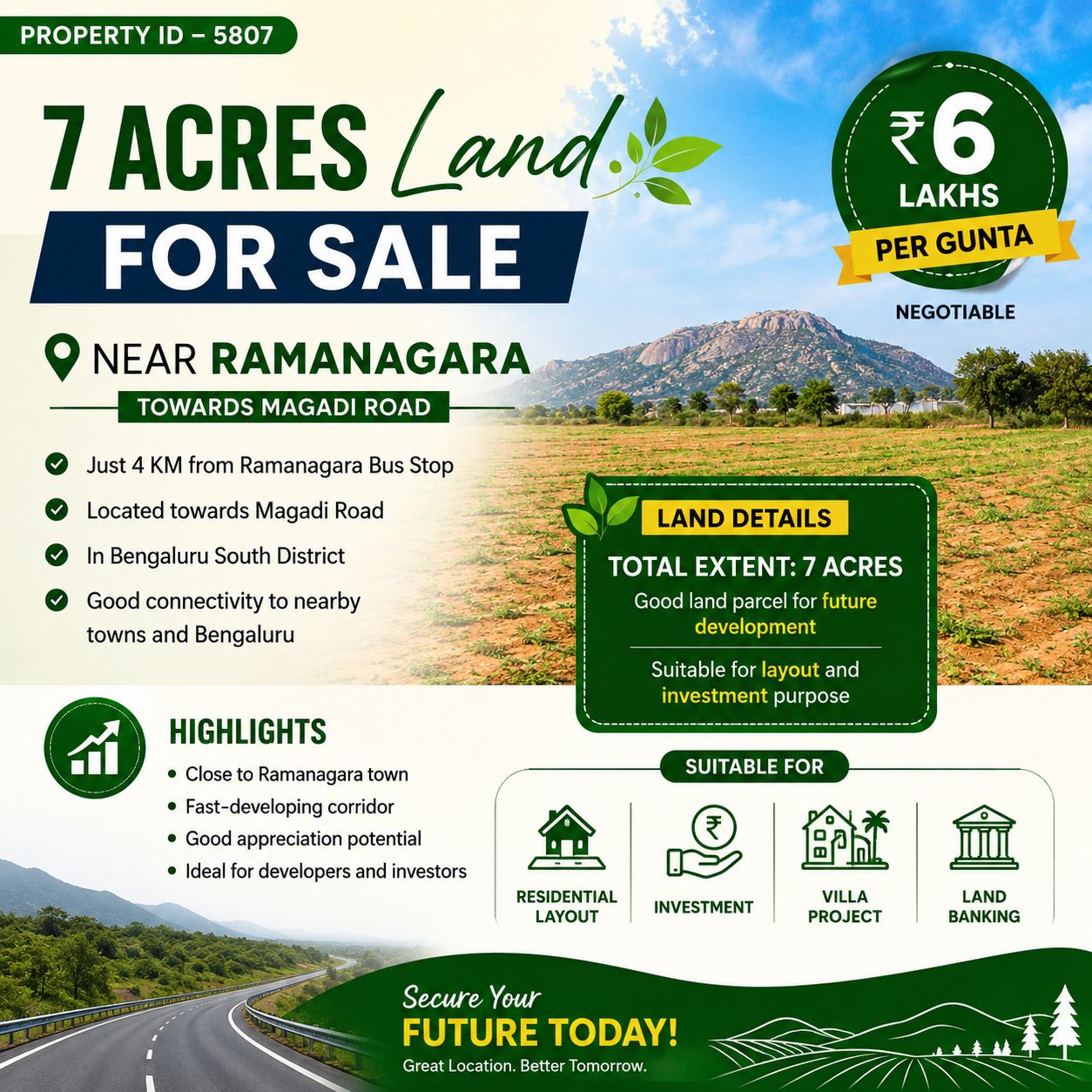 🆔 *PROPERTY ID –5807* 🌿 *7 Acres Land for Sale – Near Ramanagara*